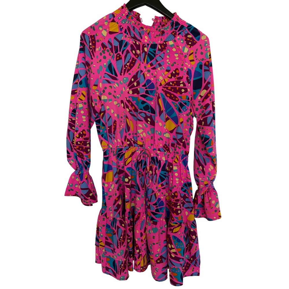 ODDI Pink Abstract Print Smocked Mock Neck Tiered Mini Dress Small Barbiecore